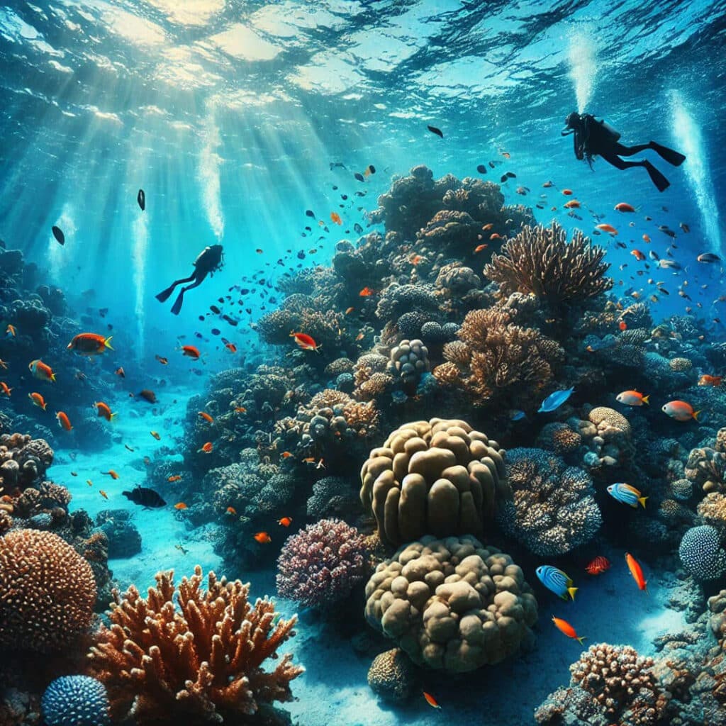 Underwater photo of two divers amidst coral reefs