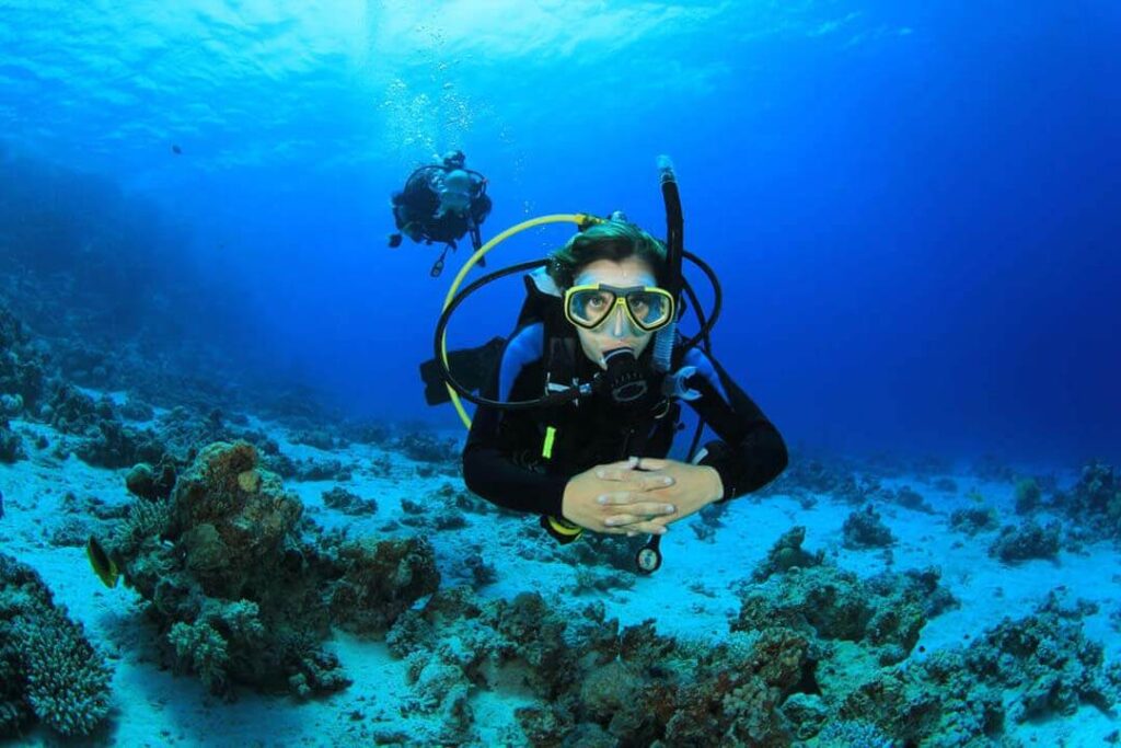 A scuba diver surrounded by a beautiful coral reef, showcasing the wonders of underwater life.