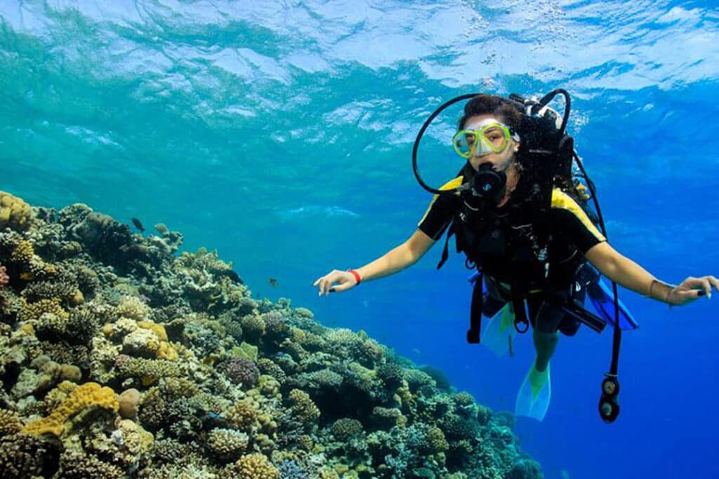 A woman scuba diver explores a vibrant coral reef, surrounded by clear blue water and marine life.