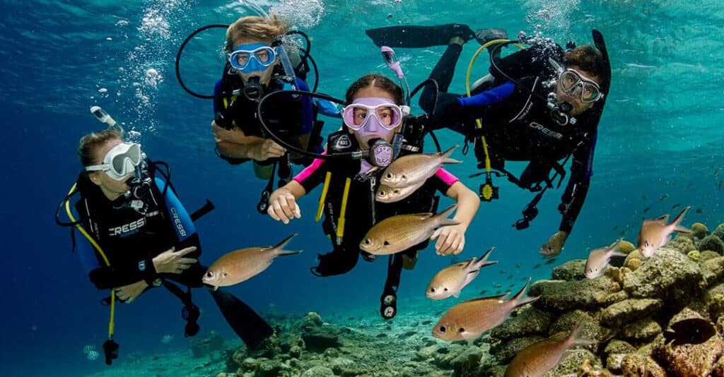 Family of four, including a father, mother, daughter, and young son, all diving together in the Red Sea near Hurghada, surrounded by colorful fish and coral reefs