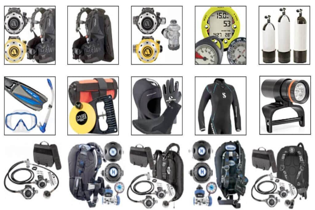 A collage displaying an assortment of scuba equipment and accessories, showcasing various tools for underwater exploration.