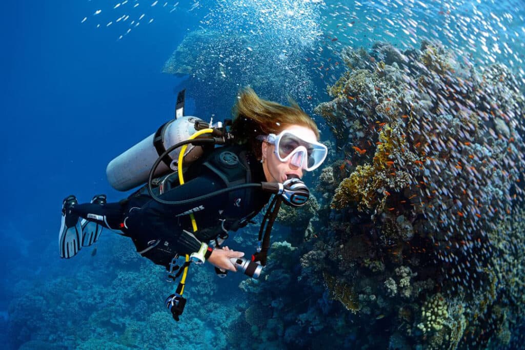 A scuba diver exploring underwater, surrounded by colorful fish in a vibrant marine environment.